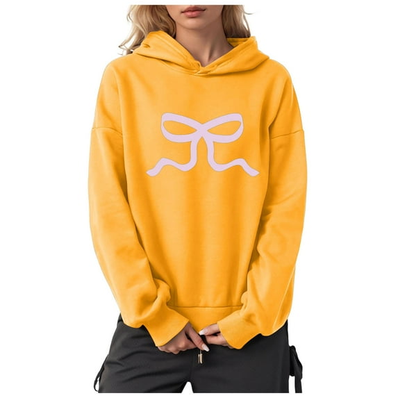 Kaprioy Womens Bow Graphic Hoodie Cute Bow Sweater Oversized Long Sleeve Sweatshirt Drop Shoulder Y2K Teen Girls Pullover Sweatshirt Yellow, XL