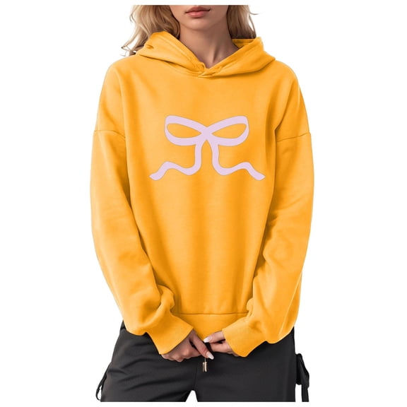 Kaprioy Womens Bow Graphic Hoodie Cute Bow Sweater Oversized Long Sleeve Sweatshirt Drop Shoulder Y2K Teen Girls Pullover Sweatshirt Yellow, XXXL