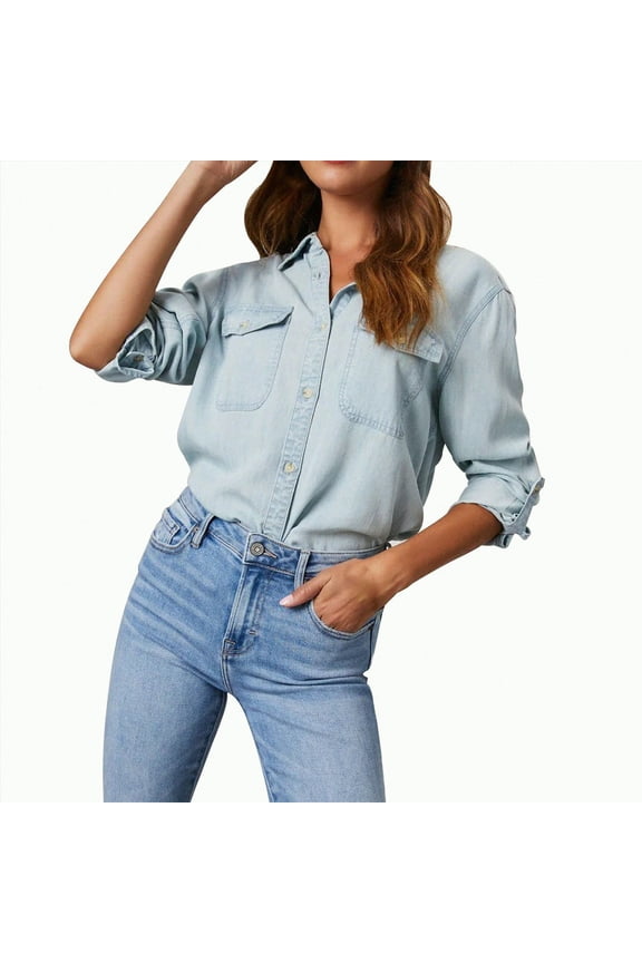 Womens Button Down Denim Shirt Long Sleeve Chambray Blouse Fall And Winter Business Casual Tops with Pockets