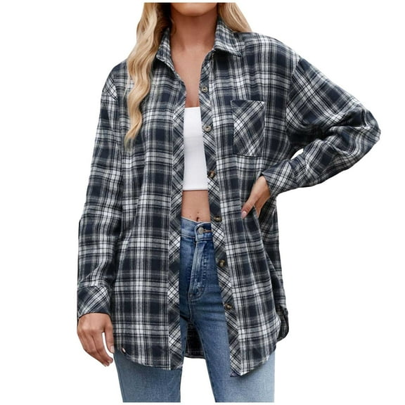 Kaprioy Womens Button Down Flannel Plaid Shirts Long Sleeve Oversized Shackets Business Loose Casual Fall Fashion Tops Jackets with Pockets Navy, M