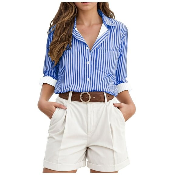 Kaprioy Womens Button Down Shirts Striped Classic Long Sleeve Collared Office Work Blouses Tops with Pocket Fall Fashion Clothes Blue, XL