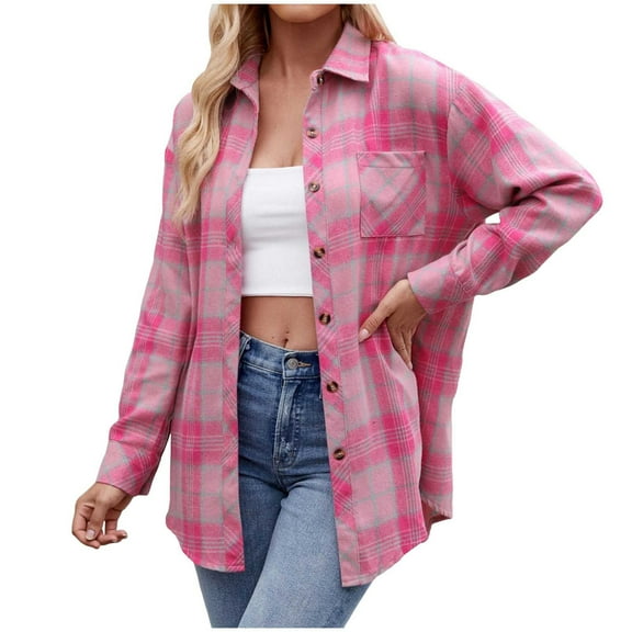 Kaprioy Womens Button Down Flannel Plaid Shirts Long Sleeve Oversized Shackets Business Loose Casual Fall Fashion Tops Jackets with Pockets Hot Pink, L