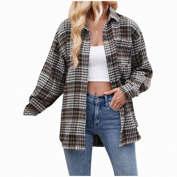 Kaprioy Womens Button Down Flannel Plaid Shirts Long Sleeve Oversized Shackets Business Loose Casual Fall Fashion Tops Jackets with Pockets Women Business Shirt Pocket Long Sleeve T Shirt Shirts
