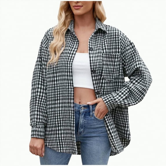 Kaprioy Womens Button Down Flannel Plaid Shirts Long Sleeve Oversized Shackets Business Loose Casual Fall Fashion Tops Jackets with Pockets Women Business Shirt Pocket Long Sleeve T Shirt Shirts