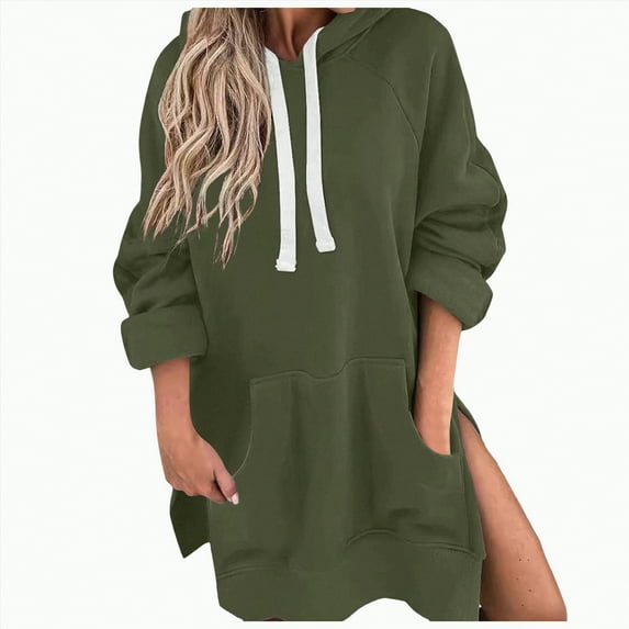 Kaprioy Womens Casual Pullover Sweatshirt Long Sleeve Split Hem Hoodie Dress with Kangaroo Pocket Fall Fashion Clothes AG, S