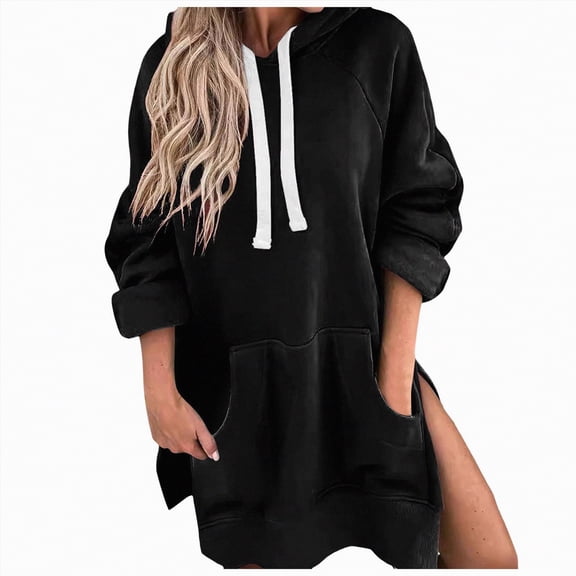 Kaprioy Womens Casual Pullover Sweatshirt Long Sleeve Split Hem Hoodie Dress with Kangaroo Pocket Fall Fashion Clothes Black, M