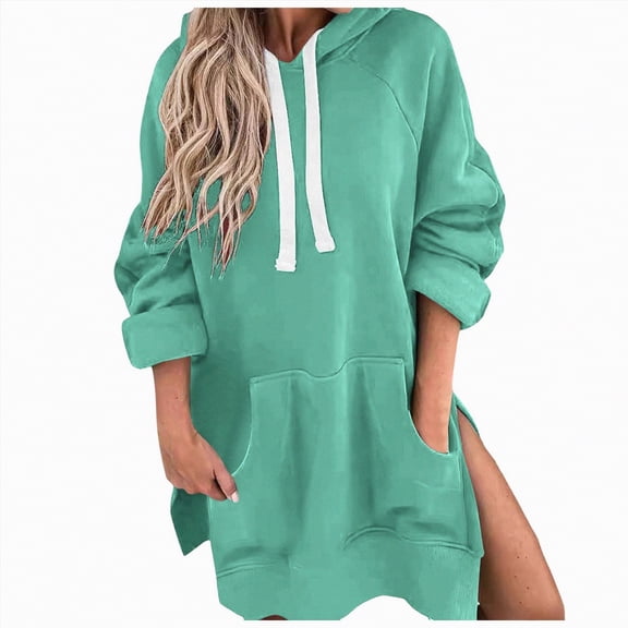 Kaprioy Womens Casual Pullover Sweatshirt Long Sleeve Split Hem Hoodie Dress with Kangaroo Pocket Fall Fashion Clothes Green, XXL