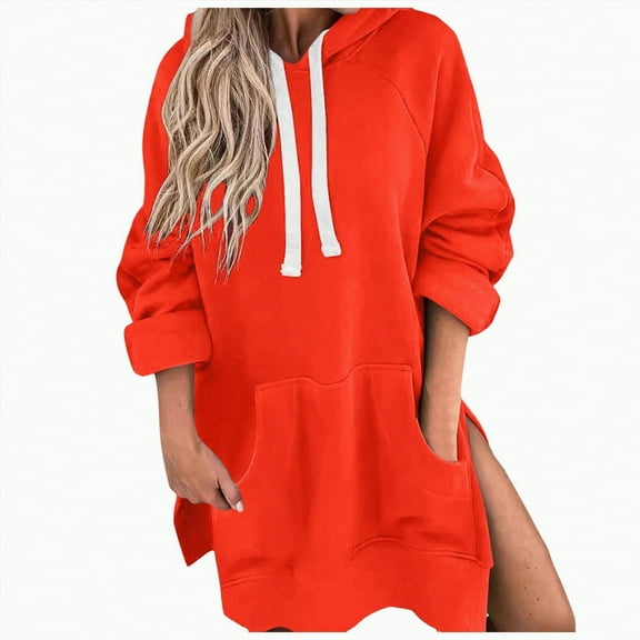 Kaprioy Womens Casual Pullover Sweatshirt Long Sleeve Split Hem Hoodie Dress with Kangaroo Pocket Fall Fashion Clothes Orange, S