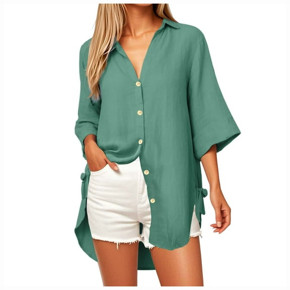 Kaprioy Womens Casual V Neck 3/4 Sleeve Button Down Shirts High Low Early Fall Fashion Blouse Tops For Women Trendy GreenXL