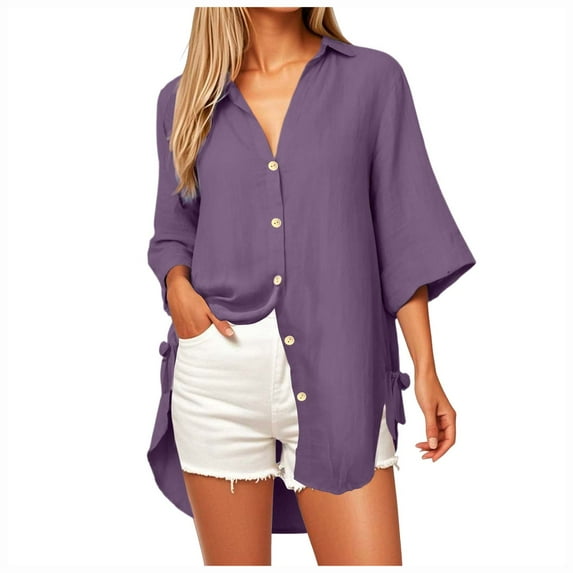 Kaprioy Womens Casual V Neck 3/4 Sleeve Button Down Shirts High Low Early Fall Fashion Blouse Tops For Women Trendy PurpleXXL
