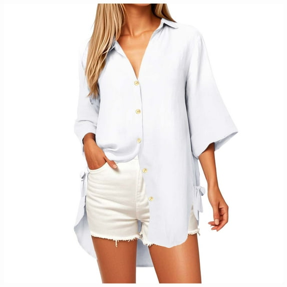 Kaprioy Womens Casual V Neck 3/4 Sleeve Button Down Shirts High Low Early Fall Fashion Blouse Tops For Women Trendy WhiteXL