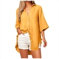 thumbnail image 1 of Kaprioy Womens Casual V Neck 3/4 Sleeve Button Down Shirts High Low Early Fall Fashion Blouse Tops For Women Trendy YellowXXXXXL, 1 of 6