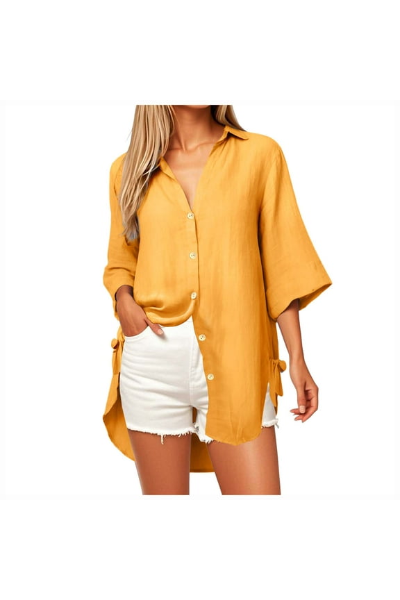 Womens Casual V Neck 3/4 Sleeve Button Down Shirts High Low Early Fall Fashion Blouse Tops For Women Trendy YellowXXXXXL