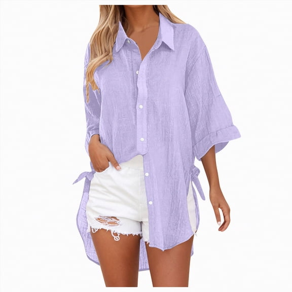 Kaprioy Womens Casual V Neck 3/4 Sleeve Button Down Shirts High Low Early Fall Fashion Blouse Tops For Women Trendy Oversize Elegant Loose Fit Shirt Long Blouse Casual Tunic Beach Bikini Cover Up