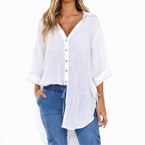 Kaprioy Womens Casual V Neck 3/4 Sleeve Button Down Shirts High Low Early Fall Fashion Blouse Tops For Women Trendy Oversize Elegant Loose Fit Shirt Long Blouse Casual Tunic Beach Bikini Cover Up