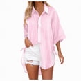 thumbnail image 1 of Kaprioy Womens Casual V Neck 3/4 Sleeve Button Down Shirts High Low Early Fall Fashion Blouse Tops For Women Trendy Oversize Elegant Loose Fit Shirt Long Blouse Casual Tunic Beach Bikini Cover Up, 1 of 4