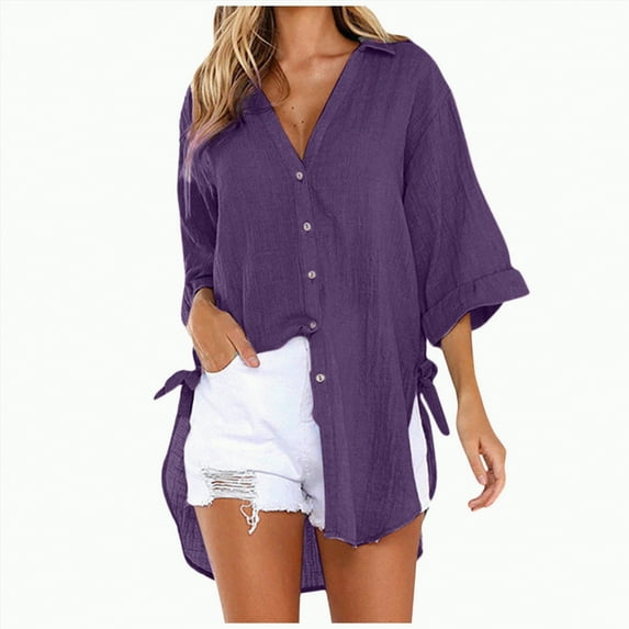 Kaprioy Womens Casual V Neck 3/4 Sleeve Button Down Shirts High Low Early Fall Fashion Blouse Tops For Women Trendy Oversize Elegant Loose Fit Shirt Long Blouse Casual Tunic Beach Bikini Cover Up