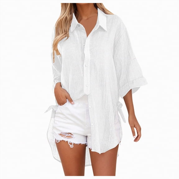 Kaprioy Womens Casual V Neck 3/4 Sleeve Button Down Shirts High Low Early Fall Fashion Blouse Tops For Women Trendy Oversize Elegant Loose Fit Shirt Long Blouse Casual Tunic Beach Bikini Cover Up