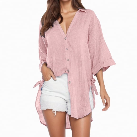 Kaprioy Womens Casual V Neck 3/4 Sleeve Button Down Shirts High Low Early Fall Fashion Blouse Tops For Women Trendy Oversize Elegant Loose Fit Shirt Long Blouse Casual Tunic Beach Bikini Cover Up