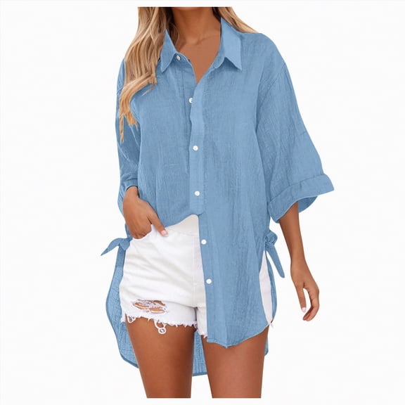 Kaprioy Womens Casual V Neck 3/4 Sleeve Button Down Shirts High Low Early Fall Fashion Blouse Tops For Women Trendy Oversize Elegant Loose Fit Shirt Long Blouse Casual Tunic Beach Bikini Cover Up
