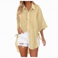 thumbnail image 1 of Kaprioy Womens Casual V Neck 3/4 Sleeve Button Down Shirts High Low Early Fall Fashion Blouse Tops For Women Trendy Oversize Elegant Loose Fit Shirt Long Blouse Casual Tunic Beach Bikini Cover Up, 1 of 4