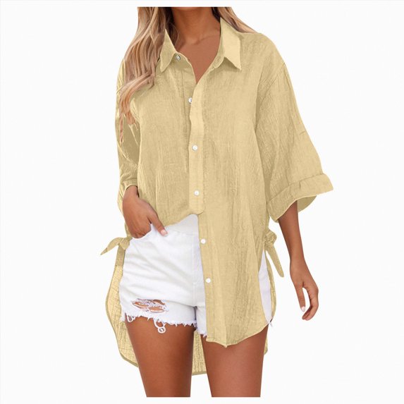 Kaprioy Womens Casual V Neck 3/4 Sleeve Button Down Shirts High Low Early Fall Fashion Blouse Tops For Women Trendy Oversize Elegant Loose Fit Shirt Long Blouse Casual Tunic Beach Bikini Cover Up