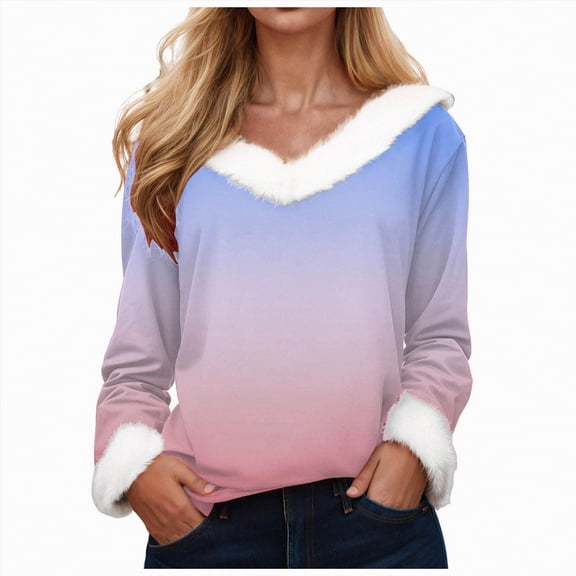 Kaprioy Womens Christmas Pullover Tops Faux Fur Trim V Neck Solid Color Going Out Tops Long Sleeve Xmas Holiday Trendy Winter Clothing Hot Pink, XXXL