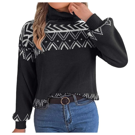 Kaprioy Womens Christmas Sweater Cute Snowflake Gift Festival Style Long Sleeve Sweaters Fall Fashion Clothes Black, M