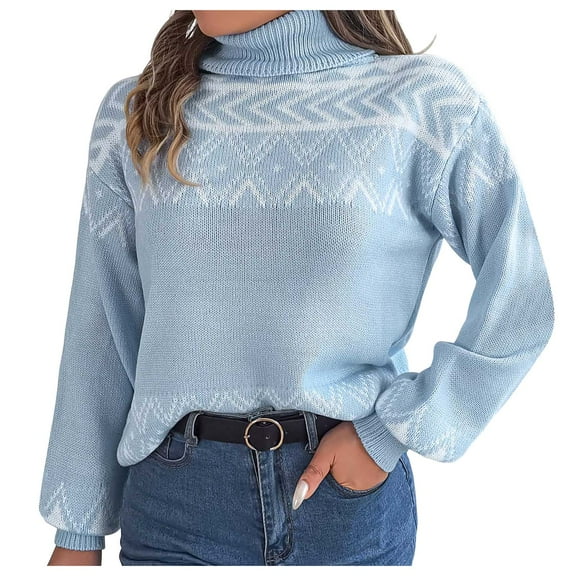 Kaprioy Womens Christmas Sweater Cute Snowflake Gift Festival Style Long Sleeve Sweaters Fall Fashion Clothes Blue, M