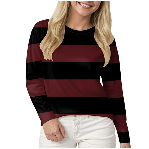 Kaprioy Womens Colorful Printed T Shirt Casual Stripe Crew Neck Shirts Trendy Long Sleeve Tops Fall Blouses (S-3XL)