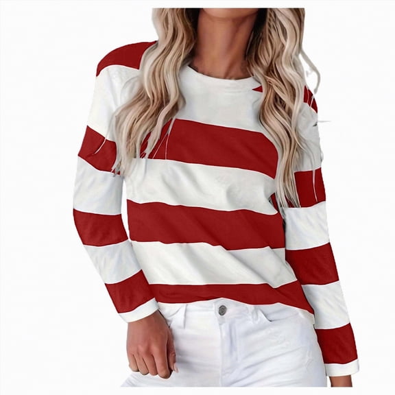 Kaprioy Womens Colorful Printed T Shirt Casual Stripe Crew Neck Shirts Trendy Long Sleeve Tops Fall Blouses Women Casual Round Neck Long Sleeve T Shirt Tops