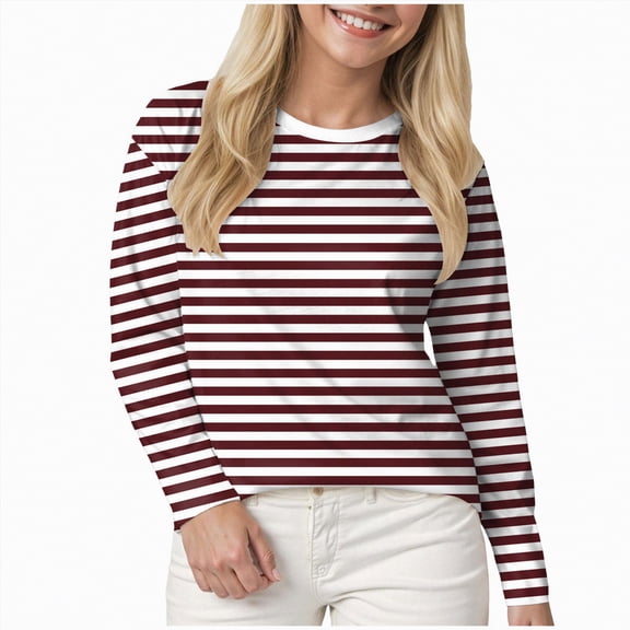 Kaprioy Womens Colorful Printed T Shirt Casual Stripe Crew Neck Shirts Trendy Long Sleeve Tops Fall Blouses Women Casual Round Neck Long Sleeve T Shirt Tops