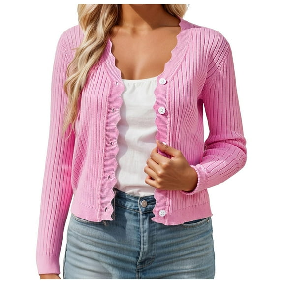 Kaprioy Womens Cropped Cardigan Knit Shrugs for Dresses Tops V Neck Button Down Fall Fashion Cardigans Sweaters Pink, S