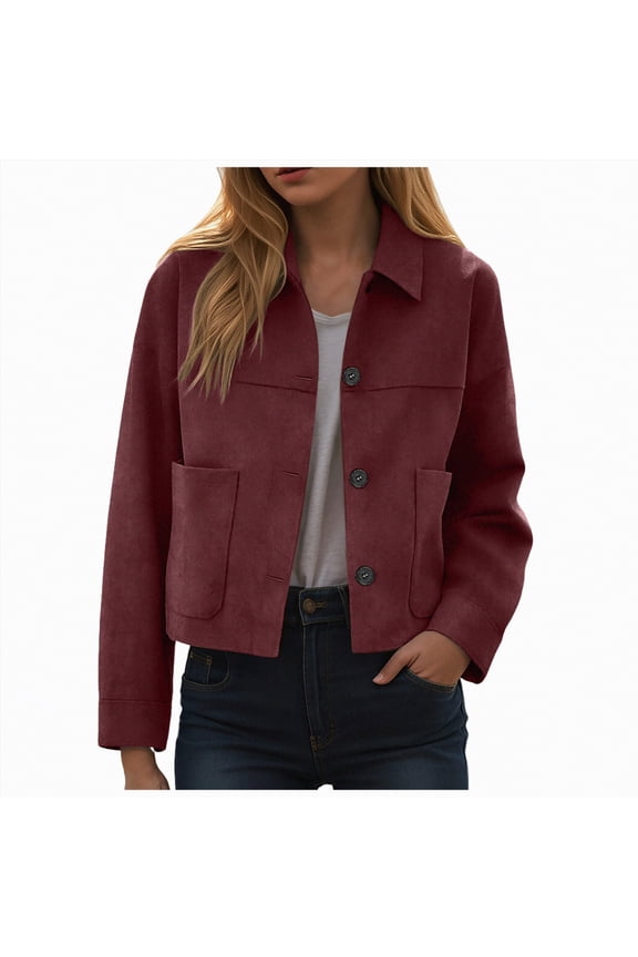 Womens Cropped Trench Coat Lightweight Single Breasted Jacket Fall Fashion Windbreaker Button Down Long Sleeve Outerwear Jackets RedM