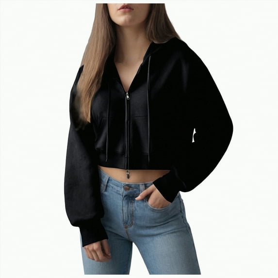 Kaprioy Womens Cropped Zip-Up Hoodie Fall Fashion Clothes Zipper Wide Ribbed Hem Drop Shoulder Soft Hoodies Black, L