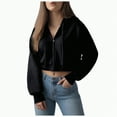 thumbnail image 1 of Kaprioy Womens Cropped Zip-Up Hoodie Fall Fashion Clothes Zipper Wide Ribbed Hem Drop Shoulder Soft Hoodies Black, M, 1 of 5