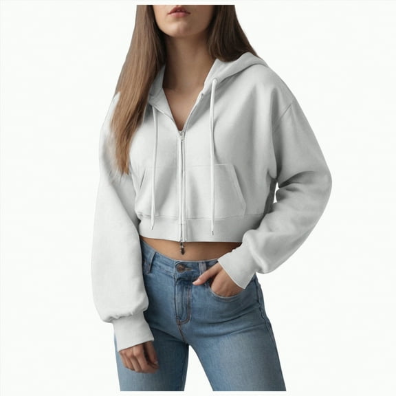 Kaprioy Womens Cropped Zip-Up Hoodie Fall Fashion Clothes Zipper Wide Ribbed Hem Drop Shoulder Soft Hoodies White, M