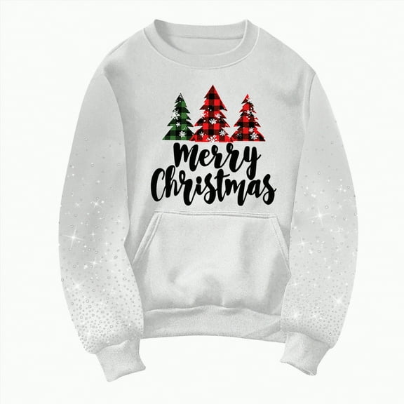 Kaprioy Womens Cute Rhinestone Pullover Sweatshirt Xmas Print Oversized Long Sleeve Tops Christmas Costume With Pocket Winter Fall Fashion Clothes White, XXXL