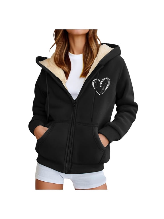 Womens Fleece Zip Up Jacket Thermal Warm Sherpa Fleece Lined Hoodies Love Heart Graphic Winter Fall Fashion Tops Sweatshirts Black, XL