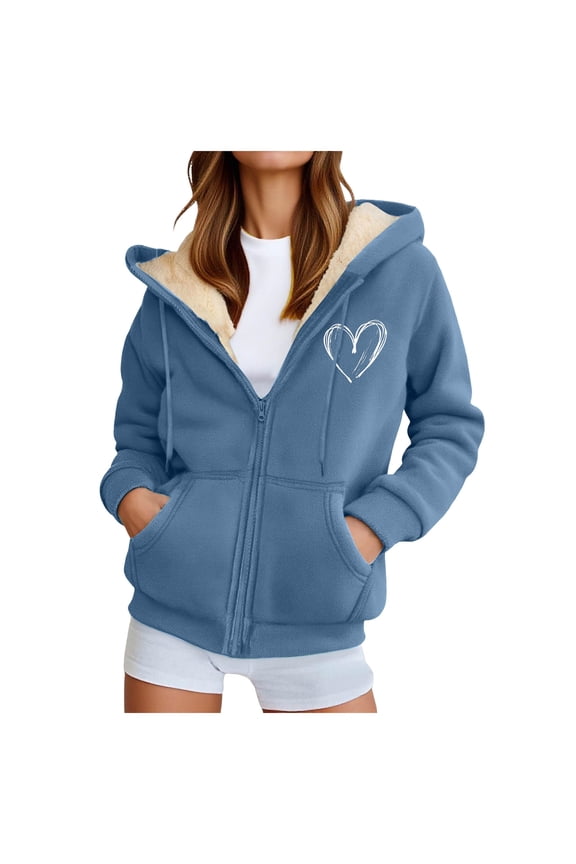 Womens Fleece Zip Up Jacket Thermal Warm Sherpa Fleece Lined Hoodies Love Heart Graphic Winter Fall Fashion Tops Sweatshirts Blue, L