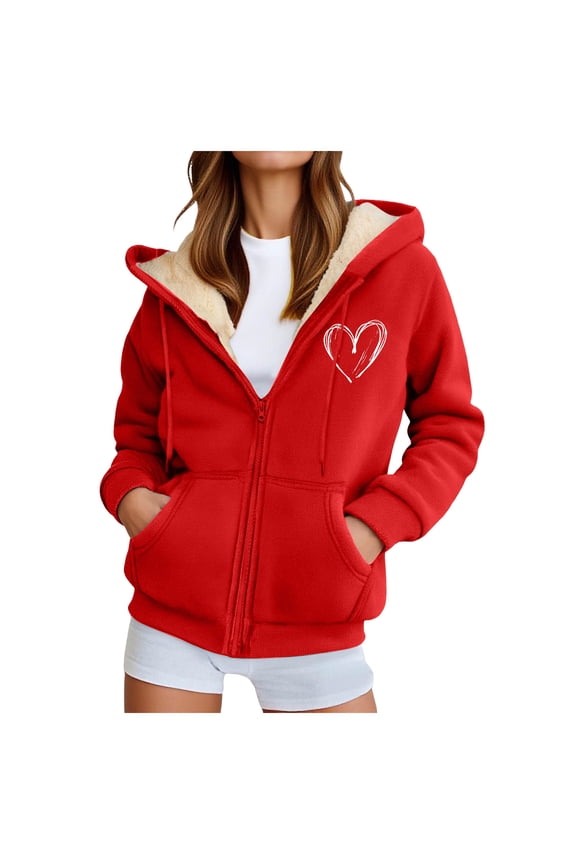 Womens Fleece Zip Up Jacket Thermal Warm Sherpa Fleece Lined Hoodies Love Heart Graphic Winter Fall Fashion Tops Sweatshirts Red, XL