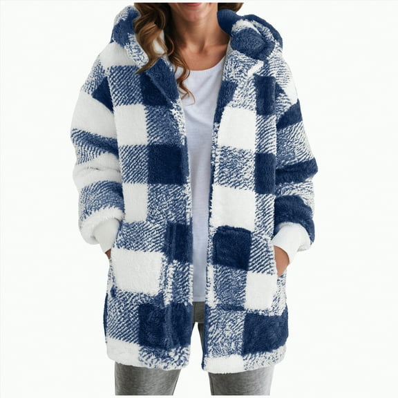 Kaprioy Womens Fleece Zip Up Winter Coats Oversized Long Hoodie Fashon Clothing Fuzzy Jackets Warm Trendy Coat Jacket with Pockets Blue, M