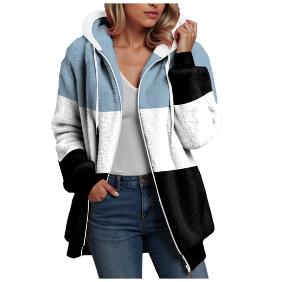 Kaprioy Womens Fuzzy Fleece Jacket Oversized Color Block Winter Warm Zip Up Hoodies Fall Fashion Outerwear Coat With Pockets Black, XL