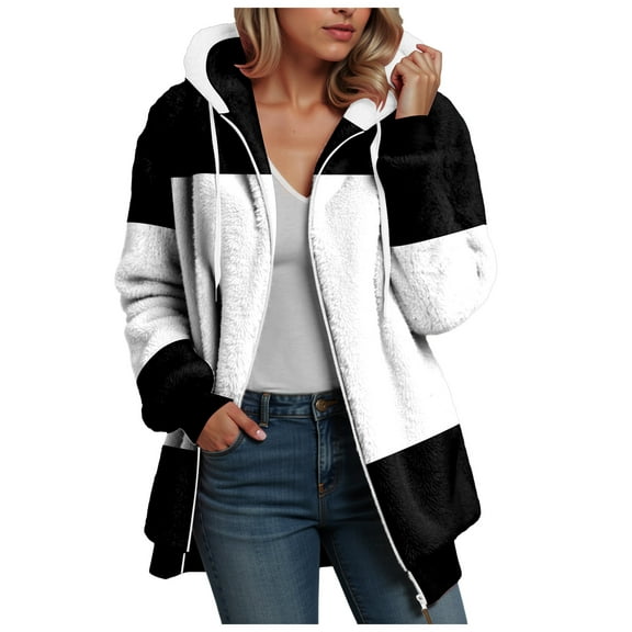 Kaprioy Womens Fuzzy Fleece Jacket Oversized Color Block Winter Warm Zip Up Hoodies Fall Fashion Outerwear Coat With Pockets White, L
