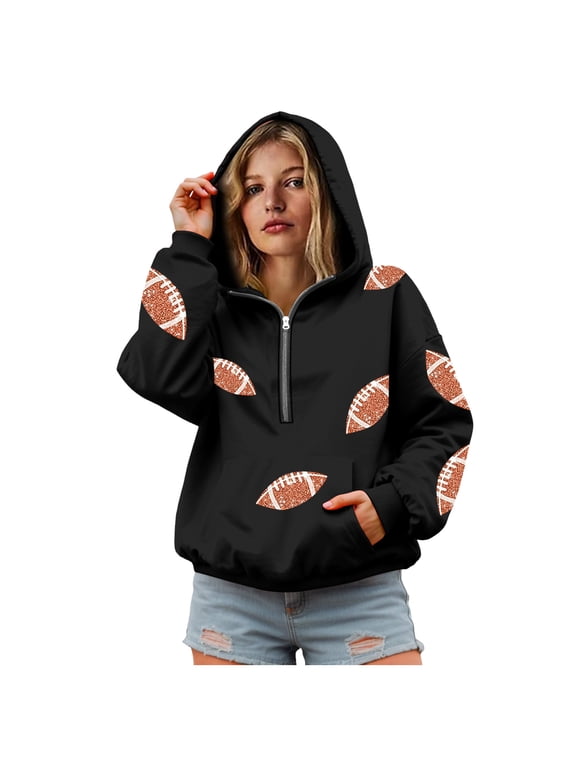 Womens Game Day Sweatshirts Football Sequin Graphic Half Zip Hoodie Long Sleeve Fall Fashion Sweaters with Pocket Black, XL
