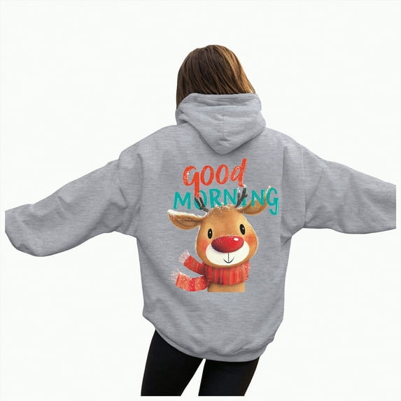 Kaprioy Womens Graphic Hoodies Elk Christmas Pattern Christmas Colorful Winter Oversized Sweatshirt Fall Fashion Long Sleeve Clothing Grey, M