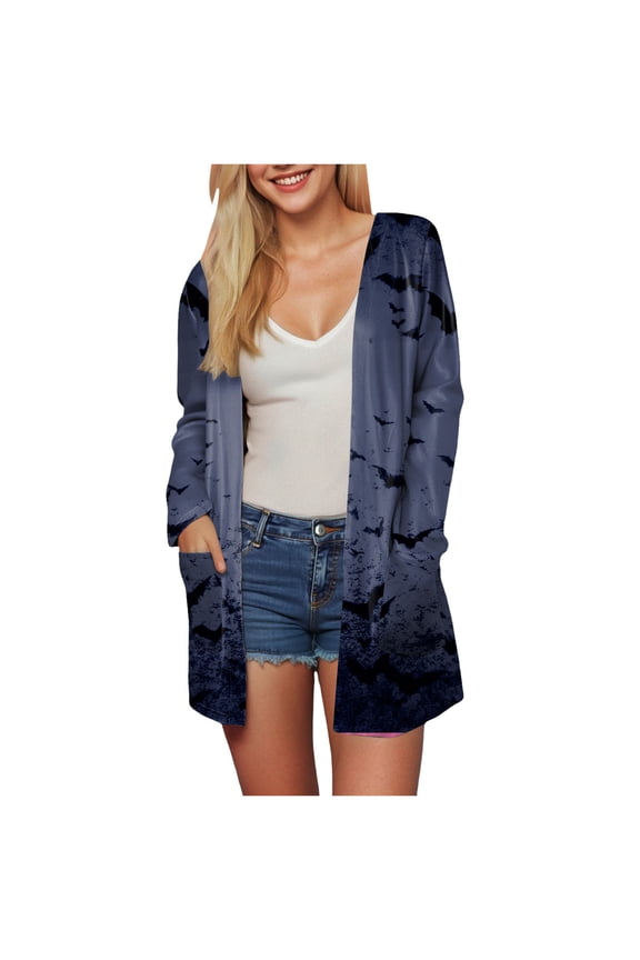 Womens Halloween Bat Graphic Cardigan Long Sleeve Open Front Cardigan Fall Fashion Clothes Knit Outwear Halloween Coat Sweater Top Navy, XL