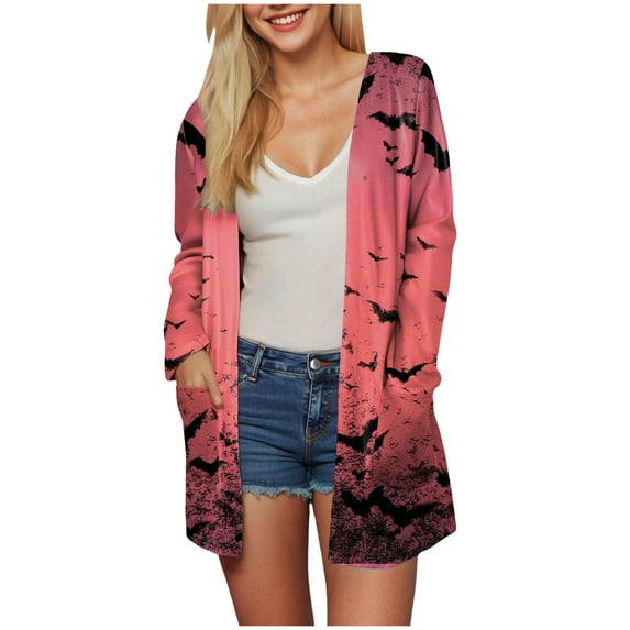 Kaprioy Womens Halloween Bat Graphic Cardigan Long Sleeve Open Front Cardigan Fall Fashion Clothes Knit Outwear Halloween Coat Sweater Top Pink, S