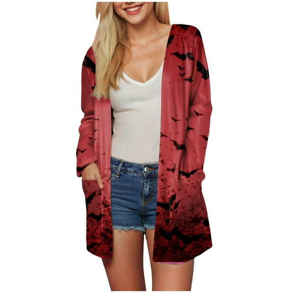 Kaprioy Womens Halloween Bat Graphic Cardigan Long Sleeve Open Front Cardigan Fall Fashion Clothes Knit Outwear Halloween Coat Sweater Top Red, S