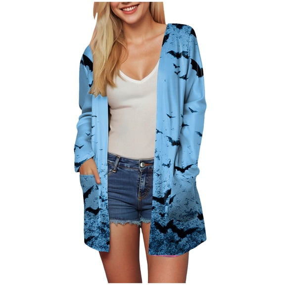 Kaprioy Womens Halloween Bat Graphic Cardigan Long Sleeve Open Front Cardigan Fall Fashion Clothes Knit Outwear Halloween Coat Sweater Top Sky Blue, S